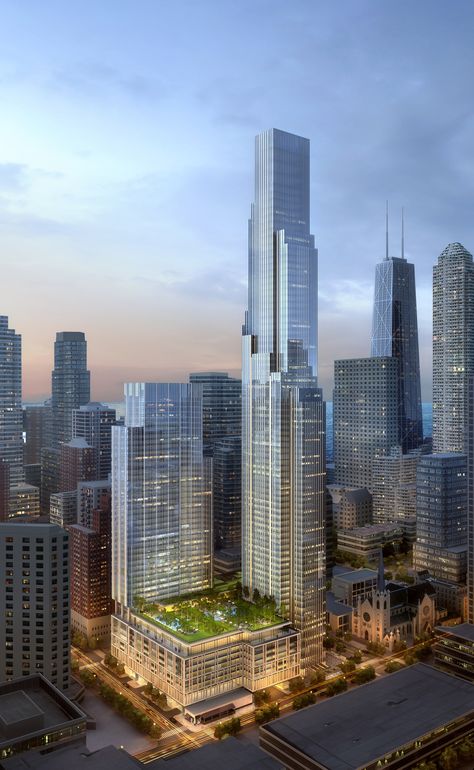 Holy Name tower would become Chicago’s sixth tallest skyscraper - Curbed Chicagoclockmenumore-arrownoyes : The supertall One Chicago Square development would replace Holy Name Cathedral’s block-sized parking lot Futuristic Civilization, One Chicago, Commercial And Office Architecture, Future Buildings, Buildings Photography, Mix Use Building, Office Tower, Skyscraper Architecture, Night Shot