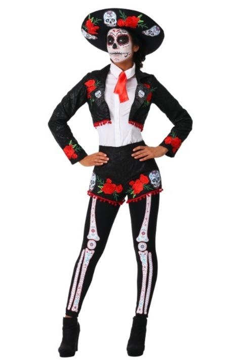 Women's Day of the Dead Mariachi Costume Mariachi Costume, Mariachi Outfit, Catrina Costume, Womens Outfit, Skeleton Costume, Holiday Costumes, Black Jeans Outfit, Skull Makeup, A Skeleton