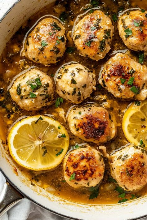 Chicken Piccata Meatballs - Insanely Good Chicken Piccata Meatballs With Lemon Zest And Capers, White Wine Cooking Recipes, Chicken Piccata Meatballs Allrecipes, Chicken And Feta Meatballs, Chicken Picatta Meatballs Allrecipes, Italian Chicken Appetizers, Chicken Pillard, Carnivore Candy, Ina Chicken