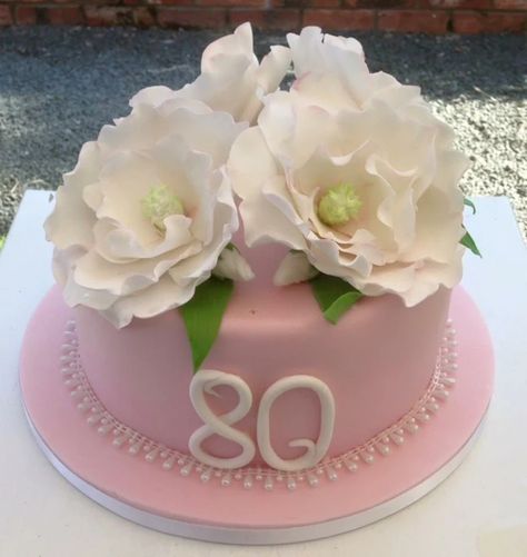 one-tier-cake-80th-birthday-party-decorations-covered-with-pink-fondant-white-flowers-on-top Cake 80th Birthday, One Tier Cake, 80th Birthday Party Decorations, 80th Birthday Party, Tier Cake, 80th Birthday, Bday Ideas, Tiered Cakes, Birthday Party Decorations