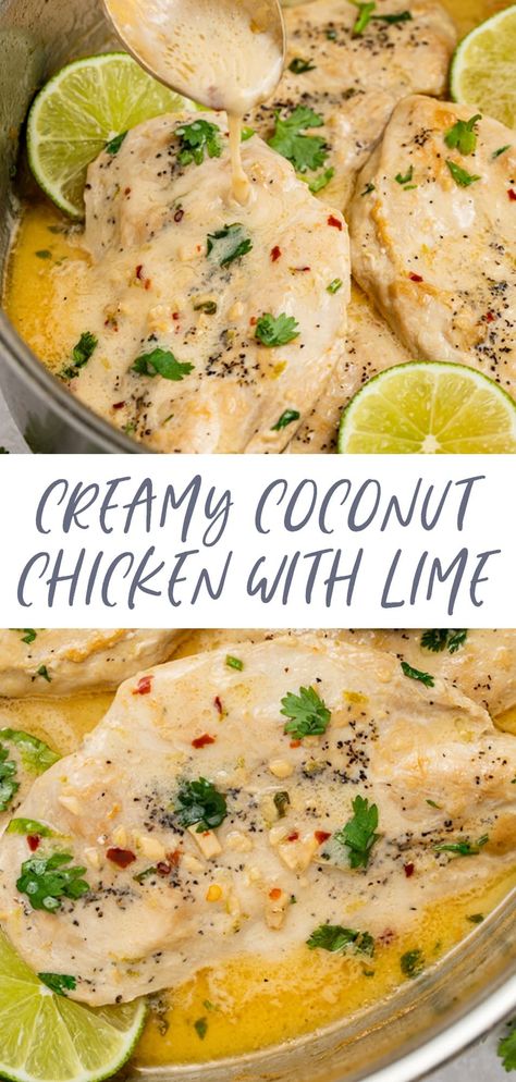 This coconut chicken with a hint of lime is creamy and delicious! With just one skillet and a few simple ingredients, you'll have a tasty, yet healthy dinner. This coconut chicken is packed with flavor and takes less than 30 minutes to make!