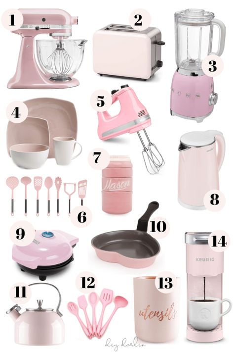 Pink House Appliances, Kitchen Ideas Pink, Pink Apartment Decor, Pink Kitchen Appliances, Mirror Buffet, Pink Kitchen Decor, Gold Globe, Pink Amazon, Gold Desk