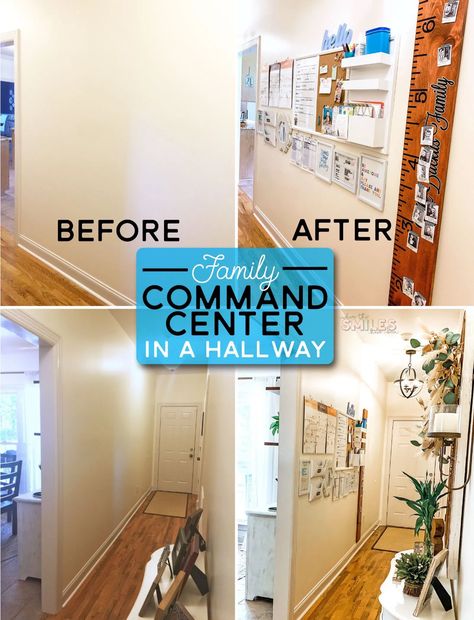 Hallway Family Command | Where The Smiles Have Been #commandcenter #familycommandcenter #home #organization #mealplanning #planner #cleaning #cleaningchecklist #chorechart #calendar #backtoschool #schoolorganization #growthchart #beforeandafter Family Hallway, White Board Cleaner, Family Command Center Wall, Command Centers, Bathrooms Design, Linen Closets, Planner Cleaning, Organization Bathroom, Family Command Center