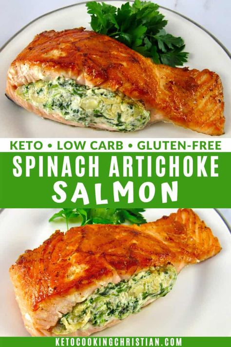 Artichoke Salmon, Low Carb Salmon Recipes, Salmon Recipe Pan, Artichoke Stuffed, Low Carb Salmon, Seared Salmon Recipes, Salmon Recipes Pan Seared, Salmon Filets, Stuffed Salmon