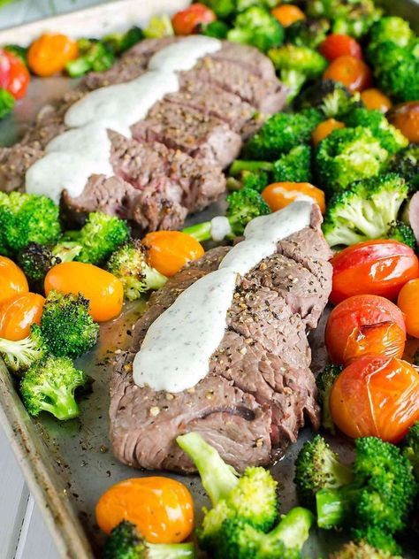 Sheet Pan Steak and Veggies with Boursin Cheese Sauce Boursin Cheese Sauce, Easy Steak Dinner, Steak And Veggies, Sheet Pan Steak, Foil Meals, Pan Dishes, Pan Steak, Sheet Pan Suppers, Boursin Cheese