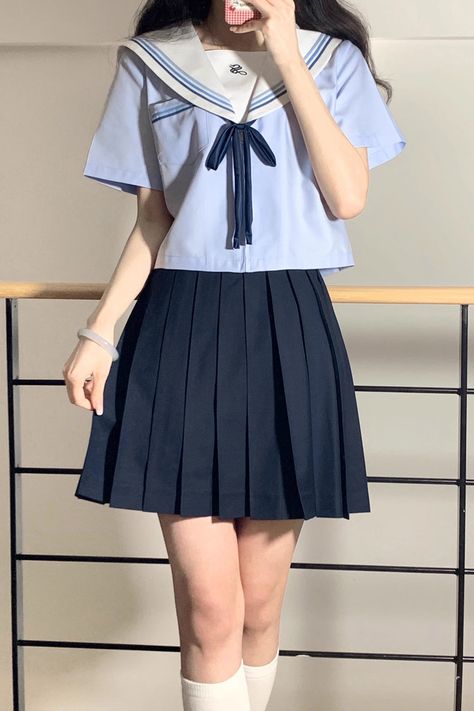 Fabric: Polyester Style types: Japanese School Season: Spring, Summer, Autumn, Winter Include: Skirt*1 (Any of the accessory is not included.) Skirt Size Chart Size (IN) Waist Length42 Length45 Length48 S 23.62-25.20 16.54 17.72 18.90 M 25.20-26.77 16.54 17.72 18.90 L 26.77-28.35 16.54 17.72 18.90 XL 28.35-29.92 16.54 17.72 18.90 Size (CM) Waist Length42 Length45 Length48 S 60-64 42 45 48 M 64-68 42 45 48 L 68-72 42 45 48 XL 72-76 42 45 48 Shirt Size Chart Size (IN) Bust Short Sleeve Length Long Sleeve Length Shoulder Width Length S 37.01 7.87 22.44 14.57 17.72 M 38.58 8.07 22.83 15.16 18.11 L 40.16 8.27 23.23 15.75 18.50 XL 41.73 8.46 23.62 16.34 18.90 Size (CM) Bust Short Sleeve Length Long Sleeve Length Shoulder Width Length S 94 20 57 37 45 M 98 20.5 58 38.5 46 L 102 21 59 40 47 XL 106 Japanese School Outfits, Fem Clothes, School Outfits Middle School, Blue School Uniform, Japanese Uniform, Style Types, Sailor Shorts, School Uniform Fashion, School Skirt