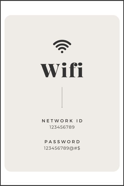 Let your vacation rental guests know your WiFi login details with this modern, minimalist WiFi sign! This Airbnb WiFi Sign can be set up so guests can see it immediately upon their arrival. It can be laminated, placed in a picture frame, and hung up on a wall! Your guests will know the WiFi details of your AirBnB or vacation rental with ease and efficiency. This modern design will add to the appeal of your AirBnB and let guests know one of the most important details when checking into your home. Wifi Card Design, Airbnb Signs For Guests, Airbnb Logo Ideas, Airbnb Logo Design, Airbnb Quotes, Wifi Signage, Airbnb Branding, Guest Wifi Sign, Airbnb Logo