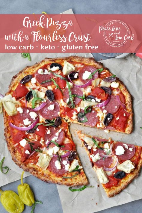 Low Carb Greek Pizza. All of the delicious flavors of regular pizza without all of the carbs and gluten. And for those of you with a nut allergy, you are in luck, as this is a nut free crust recipe. Low Carb Spaghetti, Low Sugar Diet Recipes, Greek Pizza, Peace Love And Low Carb, Nut Allergy, Low Carb Low Fat Recipes, Gluten Free Sides, Boiled Egg Diet Plan, No Carb Recipes