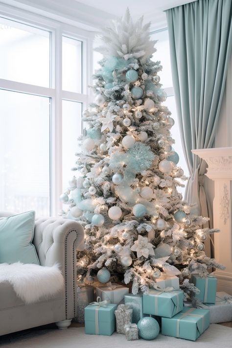 Blue White And Silver Christmas Tree Decorating Ideas, White Christmas Tree Ideas Blue, Silver And Baby Blue Christmas Tree, Duck Egg Blue Christmas Tree, Christmas Tree Ideas Aesthetic, Icy Blue Christmas Tree, Blue And Gold Christmas Tree Ideas, Christmas Tree Light Blue, Pale Blue Christmas Tree