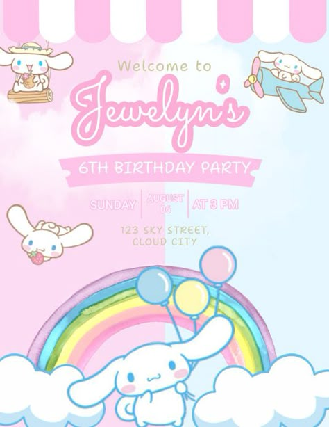 Cinnamoroll Birthday, Hello Kitty Birthday Invitations, Hello Kitty Birthday Party, Bday Invitations, 9th Birthday Parties, Baby Birthday Cakes, Hello Kitty Birthday, 11th Birthday, 6th Birthday Parties