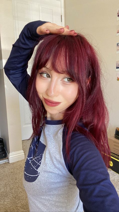 Faded Red Dyed Hair, Red Hair Light Eyebrows, Pale Skin Dark Red Hair, Sangria Red Hair, Starfire Hair Color, Red Hair With Fringe Bangs, Red Hair Neutral Skin Tone, Red Hair With Side Bangs, Hair Dye Ideas Straight Hair