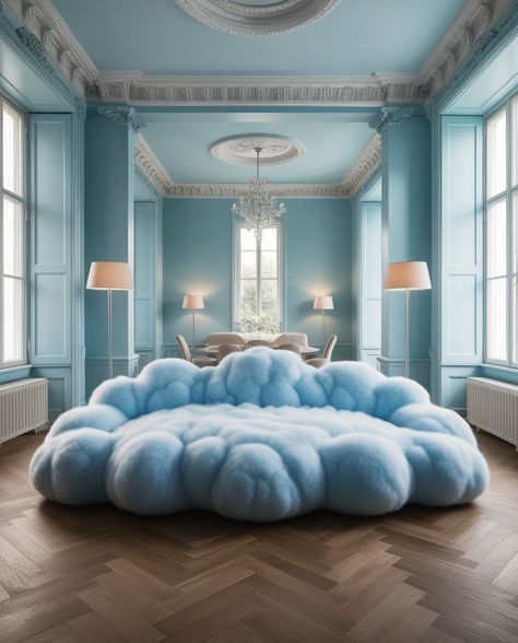 ☁️✨ Step into a dreamlike oasis with our AI-generated fantasy living rooms! Each high-resolution image features an elegant space centered around a unique, cloud-like sofa that promises ultimate comfort and style. With high ceilings adorned with intricate molding, large windows flooding the room with natural light, and soft blue walls creating a serene backdrop, these rooms are the epitome of ethereal elegance. The fluffy, inviting cloud sofa, complete with cozy cushions and modern floor lamp... Cloud Furniture, Light Blue Rooms, Room With Natural Light, Soft Blue Walls, Cloud Bedroom, Cozy Cushions, Home Architect, Cloud Sofa, Fun Room