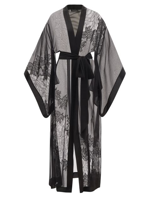 Black Lace-inlay silk-organza robe | Carine Gilson | MATCHESFASHION UK Black Silk Robe, Bed Night, Satin Outfits, Carine Gilson, Luxury Nightwear, Elegant Outfit Classy, Kimono Design, Butterfly Sleeve, Arab Fashion