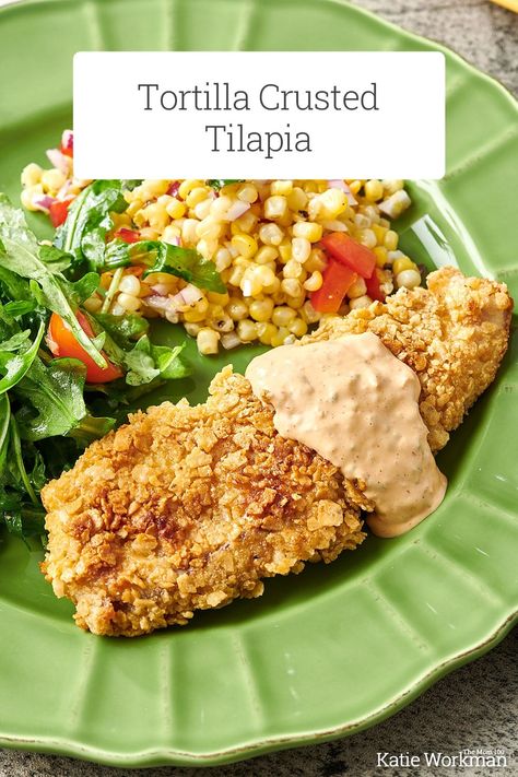 Tortilla Crusted Tilapia Recipe / A salty, flaky crunchy coating and a creamy sauce turns fish filets into a delightful dinner. #easyrecipes #familyfriendly #familyfavorites #quickmeals #pantrycooking #weeknightdinner #comfortfood Tortilla Crusted Tilapia, Roasted Pepper Salsa, Pan Fried Tilapia, Fried Tilapia, Tilapia Recipe, Crusted Tilapia, Sriracha Mayo, Tilapia Recipes, Lobster Recipes