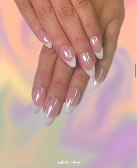 Iridescent White French Tip Nails, Iredesant French Tips, French Tip Irridescent Nails, Pink Iridescent French Tip Nails, Iridescent French Tips, Iridescent French Nails, Irredescent Nails French Tip, Aura Nails French Tip, Iridescent Nails French Tip