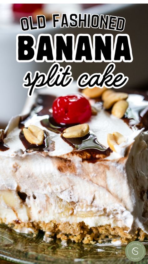 slice of banana split cake on plate Banana Split Lush Dessert, Banana Split Cake Recipe Easy, Banana Split Poke Cake, Banana Split Ice Cream Cake, Banana Split Dump Cake Recipe, Old Fashioned Desserts, No Bake Banana Split Dessert, Banana Split Cake Recipe, Cleverly Simple