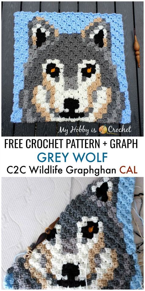 Grey Wolf C2C Square - Free Crochet Pattern Crochet Pattern Graph, Crochet Wolf, Cal Crochet, Crochet C2c Pattern, C2c Blanket, C2c Crochet Pattern Free, Corner To Corner Crochet, C2c Crochet, Haken Baby