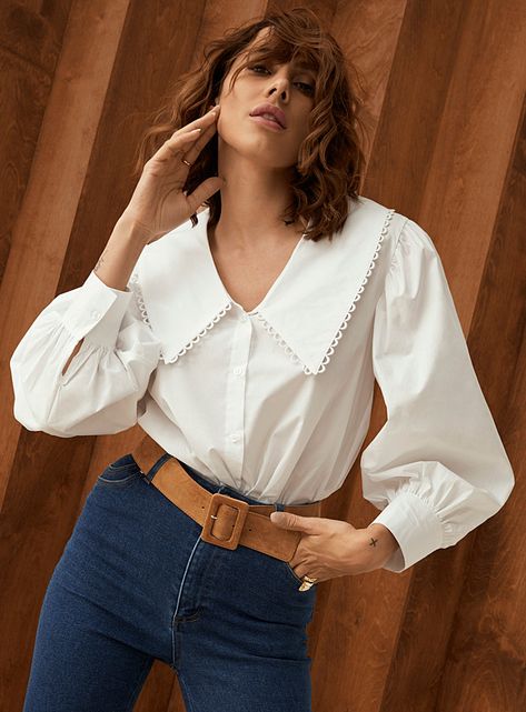 Peter Pan Collar Shirt, Fashion Feminine, Urban Chic Fashion, Trendy Fashion Tops, Denim And Lace, Trendy Shirts, Fashion Design Clothes, Women Shirts Blouse, Collar Shirt