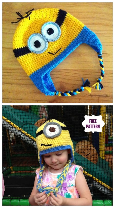 DIY Crochet Minion Earflap Hat free Crochet Pattern Crochet Minion Hat Pattern Free Kids, Free Crochet Minion Hat, Minion Hats Crochet Free Pattern, Minion Beanie Crochet Pattern Free, Minion Crochet Hats, Kid Hat Crochet Pattern, Crochet Hat With Earflaps Pattern Free, Minion Hat Crochet, Crochet Minion Hat Pattern Free