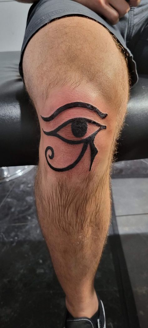 Eye of Horus tattoo, Knee tattoo, egyptian tattoo, black tattoo, spiritual tattoo, protective tattoo Tattoo On Knee, Wisdom Tattoo, Eye Of Horus Tattoo, Tattoo Knee, Horus Tattoo, Spiritual Tattoo, Chakra Tattoo, Egyptian Tattoo, Spiritual Tattoos