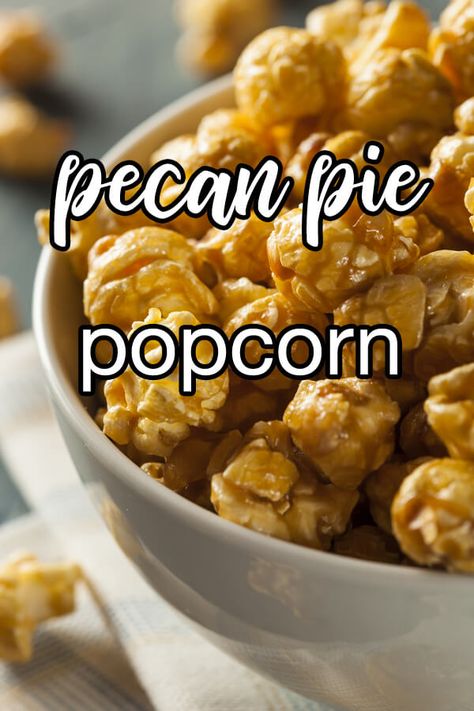 Pecan Pie Popcorn - The flavor of pecan pie in a tasty popcorn snack. Made with popcorn, pecans, maple syrup, butter, and brown sugar. | CDKitchen.com Caramel Pecan Popcorn Recipe, Holiday Popcorn Balls, Buttercream Popcorn, Maple Popcorn Recipe, Candied Popcorn Recipe Corn Syrup, Thanksgiving Popcorn, Praline Popcorn, Maple Syrup Popcorn, Butter Toffee Popcorn Recipe