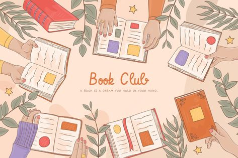 Premium Vector | Hand drawn flat book club illustration Book Club Illustration Art, Book Club Cover Photo, Reading Graphic Design, Book Club Images, Book Club Poster Ideas, Book Club Aesthetic Wallpaper, Books Illustration Design, Book Club Wallpaper, Book Club Graphic Design