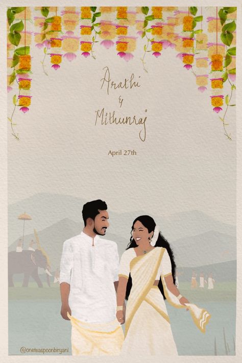 Wedding invitation ideas. Kerala wedding invitation. Digital wedding invitation. Indian wedding invitation Wedding Invitation Indian, Creative Wedding Invitations Design, Cartoon Wedding Invitations, Wedding Illustration Card, Wedding Invitation Posters, Digital Invitations Design, Wedding Card Design Indian, Wedding Invitation Ideas, Indian Wedding Invitation