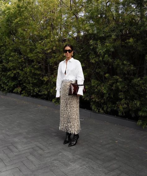 Snake Skirt Outfit, Snakeskin Skirt Outfit, Snake Print Skirt Outfit, Midi Skirt Outfit Work, Printed Pleated Skirt Outfit, Outfit With Pleated Skirt, Printed Midi Skirt Outfit, Leather Midi Skirt Outfit, Animal Print Skirt Outfit