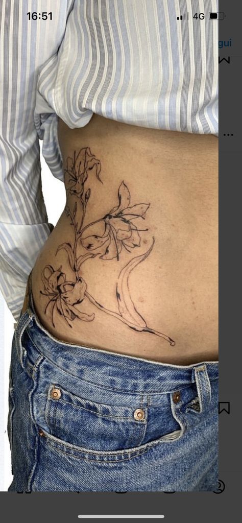 Flower On Stomach Tattoo, Flower Hip Tattoo Designs, Lotus Stomach Tattoo, Big Dainty Tattoos, Hip To Stomach Tattoos Women, Lily Stomach Tattoo, Lily Hip Tattoos Women, Hip Tattoos Flowers, Women V Line Tattoo