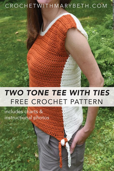 You can make this cute Two Tone Tee with Ties! It’s easy. The main body of the top is all double crochet. The neckline edging is simply single crochet in the back loop only.  And the seams are all slip stitched so no sewing!  This pattern is accurate and easy to follow because it's been tested and professionally tech edited.  It includes stitch charts, a schematic and instructional photos.   Check out the free easy pattern here!   #freepattern #crochet #garment #tee #freecrochetpattern #top Two Tone Top, Scrap Crochet, Crochet Tee, Quick Crochet Projects, Crochet Neckline, Crochet Sweater Pattern Free, Quick Crochet Patterns, Crochet Tops Free Patterns, Tees Pattern