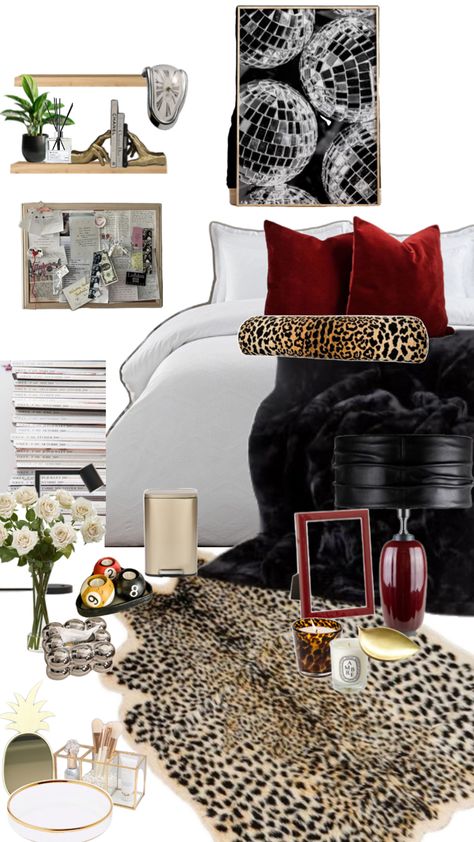 Bedroom Red Accents, Aesthetic Party Decor, Vogue Bedroom, Leopard Print Room, Leopard Room, New Room Decor, Mob Wife Aesthetic, Wife Aesthetic, Aesthetic Party