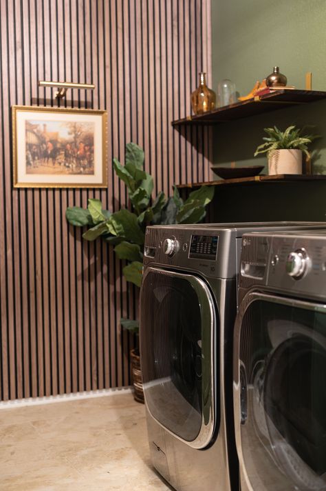 Elevating my laundry room aesthetic with a touch of contemporary design, with this sleek walnut slat wall from @thewoodveneerhub. I love how it creates a striking focal point in this makeover! I may actually enjoy doing laundry now! Wood Slat Wall Laundry Room, Laundry Room Wood Paneling, Slat Wall Laundry Room, Wood Panel Laundry Room, Slat Wainscoting, Slat Wall Bathroom, Walnut Slat Wall, Slat Panel Wall, Moody Laundry Room