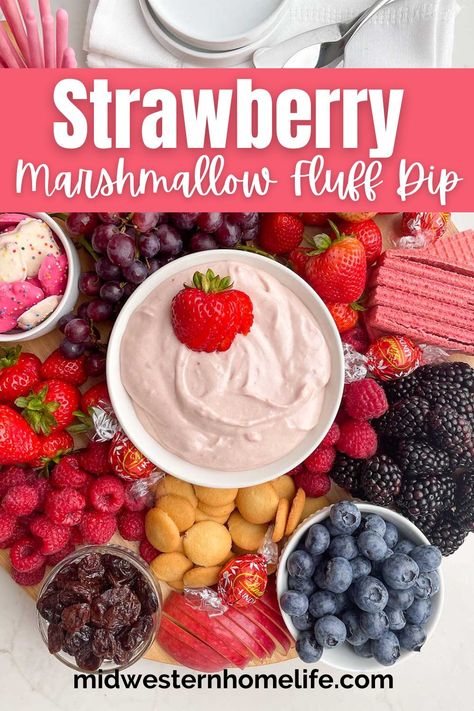 Strawberry Fruit Dip With Marshmallow Fluff, Strawberry Fruit Dip With Cream Cheese, Marshmallow Cream Fruit Dip, Pink Fruit Dip, Cream Cheese Dip For Fruit, Strawberry Fluff Dip, Fruit Fluff Dip, Marshmallow Fluff Dip, Fruit Dip With Marshmallow Fluff