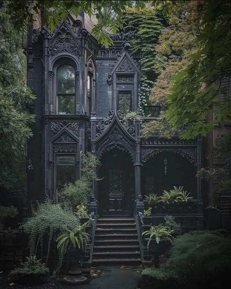 Dark Gothic House, Gothic House Exterior, Gothic Tiny House, Victorian Gothic House, Gothic Victorian House, Gothic Houses, Gothic Homes, Goth Houses, Gothic Garden