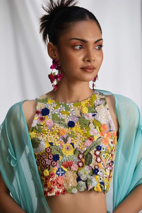 Buy Blue Organza Hand Embroidered Thread High Botanical Floral Blouse For Women by Pooja Bagaria Online at Aza Fashions. Floral Blouse Designs, Hand Embroidered Blouse, Blue Organza, Hand Work Blouse, Fashion Top Outfits, Desi Clothes, Bridal Dress Fashion, Jewelry Diamonds, Indian Blouse