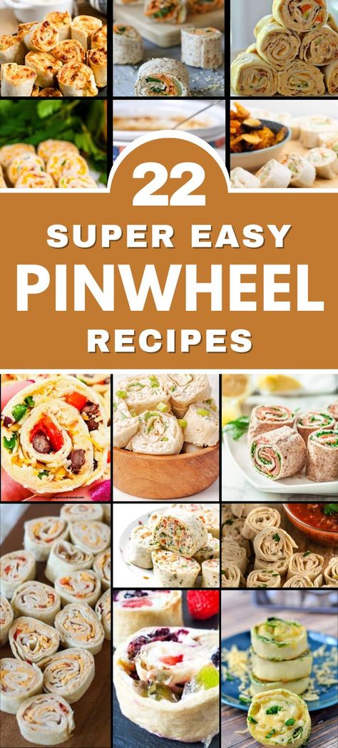 A collage of 22 different pinwheel recipes, showing a variety of colorful, bite-sized wraps filled with ingredients like chicken, cheese, veggies, and cream cheese, perfect for party snacks or lunch ideas.