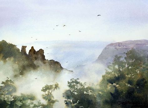 How to paint mist with watercolor. Painting the mist around The Three Sisters in the Blue Mountains. Creating atmospheric effects when watercolor painting. Watercolor Tips, Art Watercolor, Watercolor Lessons, Drawing Tutorials, Mist, Watercolor Painting Techniques, Painting Gallery, Watercolor Landscape Paintings, Watercolor Paintings Tutorials