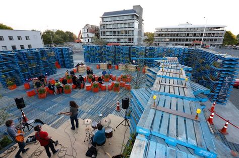 The Pallet Pavilion http://architectureau.com/articles/the-pallet-pavilion/ Temporary Architecture, Street Music, Pallet House, New Zealand South Island, Christchurch New Zealand, Shipping Pallets, Casa Container, Pallet Outdoor, Recycled Pallets