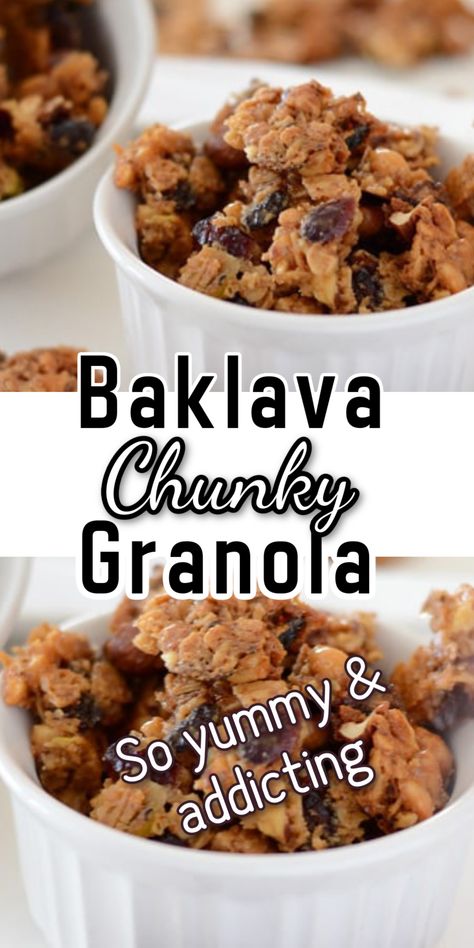 Granola Mix Ideas, Salted Caramel Granola, Cinnamon Bun Granola, Granola Chunks Recipe, Unique Granola Recipes, Granola Recipes Homemade, Baklava Granola Recipe, Baklava Granola, Granola Bites Recipe