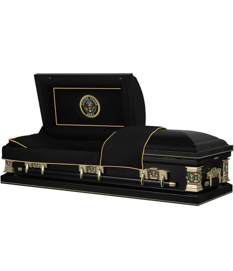 Our distinguished military caskets are ideal for honoring veterans and their service. Made from the finest steel with a high gloss finish, each casket can be customized to reflect your loved one’s tour of duty with the Air Force, Army, Navy, Marines, or the Coast Guard. Black Casket, Velvet Interiors, After Life, Military Veterans, Adjustable Beds, Corner Designs, Black Steel, Navy, Gold