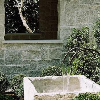 Rustic Concrete Water Fountain Design Ideas Fountain In Backyard, Concrete Water Feature, Concrete Water Fountain, Patio Fountain, Modern Cottage Style, Water Fountain Design, Front Courtyard, Fountain Design, Stone Fountains