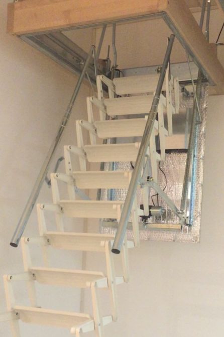 Attic Ladder Ideas, Attic Access Ladder, Loft Ladder Ideas, Attic Storage Ideas, Folding Attic Stairs, Loft Access, Garage Design Ideas, Ladder Ideas, Ladder Stairs