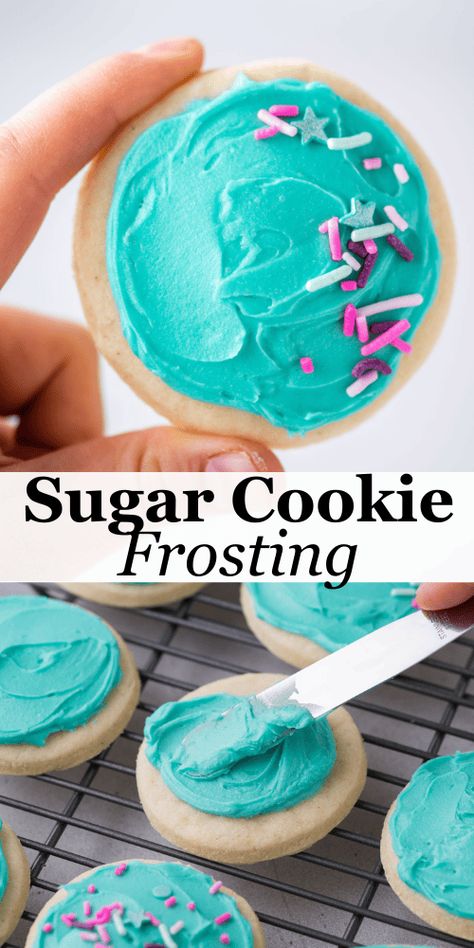 This is the sugar cookie frosting recipe you've been searching for! Made in just 5 minutes with 6 base ingredients and whatever color gel food coloring you want, this recipe is perfect for everything from simple cookies to intricate designs. Vanilla Frosting For Cookies, Buttercream Cookie Icing, Frankenfrosting Recipe, Thick Icing Recipe, Powder Sugar Frosting, Icing Sugar Frosting, Sugar Cookie Icing Recipe That Hardens, Homemade Frosting Easy, Homemade Icing Recipe