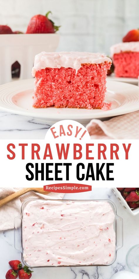 Strawberry Frosted Strawberry Sheet Cake, Sheet Cake With Strawberries On Top, Homemade Strawberry Cake With Cream Cheese Icing, Strawberry Cake Sheet Pan, Strawberry Cake Without Strawberries, Simple Strawberry Cake Recipe, Strawberry Cake Recipe Easy, Homemade Fresh Strawberry Cake, Moist Strawberry Box Cake Recipe