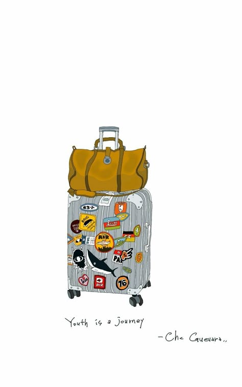 Travel Cartoon Art, Travel Art Aesthetic, Suitcase Stickers Ideas, Traveller Illustration, Travel Suitcase Aesthetic, Traveling Drawing, Travelling Illustration, Luggage Illustration, Wanderlust Illustration