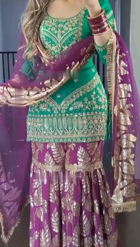 Silk Sharara, Kaftan Designs, 2piece Outfits, Latest Bridal Dresses, Punjabi Outfits, Draping Fashion, Mehandi Design, Punjabi Suit, Simple Pakistani Dresses