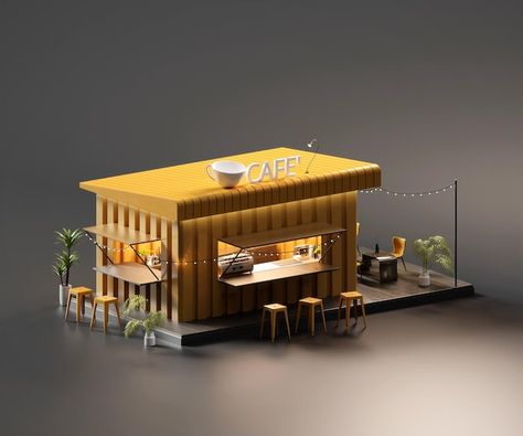 Cafe 3d Design, 3d Shop Design, Kiosk Design Ideas Architecture, Mini Restaurant Design, Rendering Digital Art, 3d Restaurant, Miniature Restaurant, Cafe Architecture, Mini Restaurant