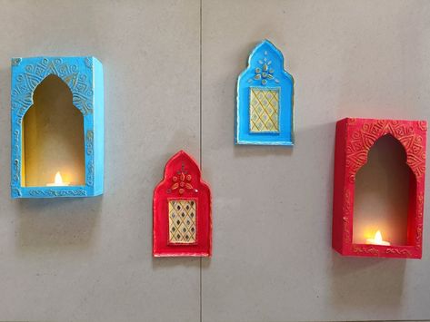 Cardboard Box Wall Decor, Small Cardboard Box Crafts, Jharoka Wall Decor, Jharokha Decor Diy, Jharokha Decor, Jharokha Wall Decor, Pooja Unit, Cd Wall Art, Indian Wall Decor