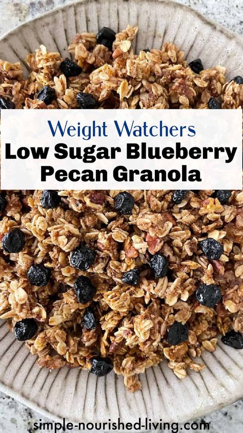 This Weight Watchers friendly low sugar blueberry pecan granola is lightly sweetened with brown rice syrup and unsweetened apple juice. I home made healthy and delicious low fat way to begin the day. #weight_watchers #ww #weightwatchers #granola #recipes #points #breakfast #healthy #low_sugar #lowfat Low Fat Granola Recipe, Low Sugar Granola Recipe, Granola Calories, Coconut Granola Recipe, Low Sugar Granola, Pecan Granola, Rice Syrup, Granola Recipe Homemade, Weight Watchers Recipes