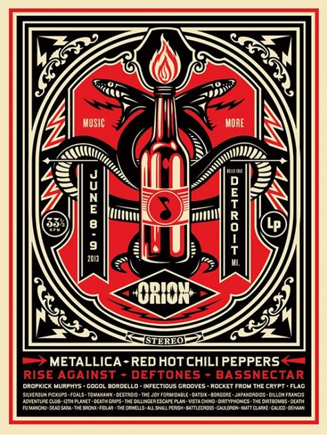 Metallica presents Orion Music Festival the 2nd year Shepard Fairy, Shepard Fairey Art, Gig Posters Design, Shepard Fairey Obey, Concert Poster Design, Etiquette Vintage, Obey Art, Propaganda Art, Music Festival Poster